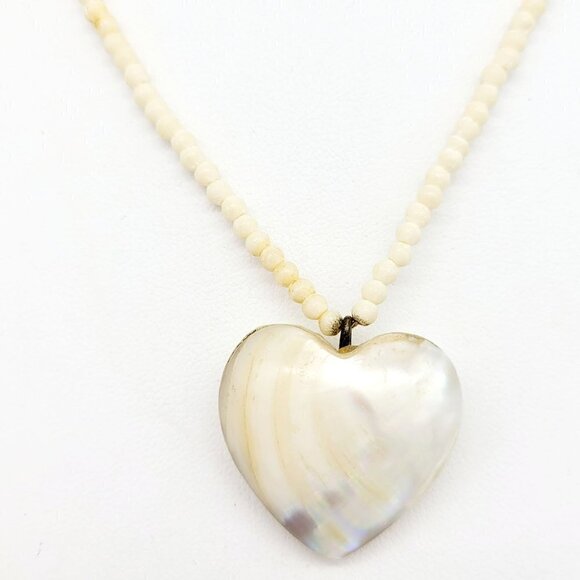 Vintage Puffed Heart Mother Of Pearl Natural Shell Necklace Bone Beads Unique - Picture 9 of 12